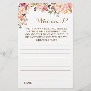 Who am I?Pink Floral Bridal Shower Game Card