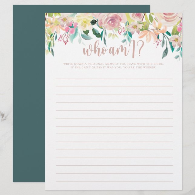 Who Am I Rose Gold Floral Bridal Shower Game (Front/Back)