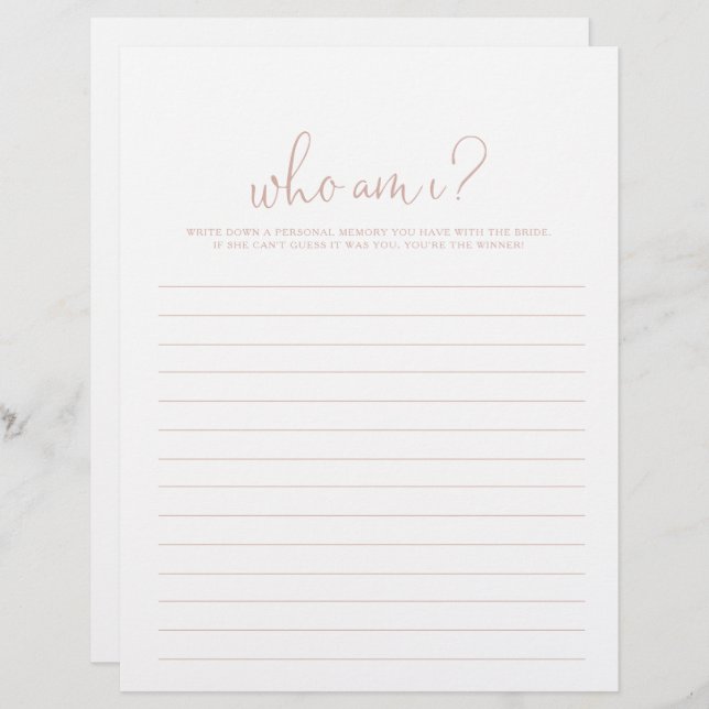 Who Am I Rose Gold Script Bridal Shower Game (Front/Back)