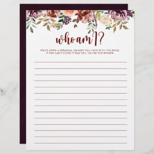 Who Am I Rustic Floral Bridal Shower Game