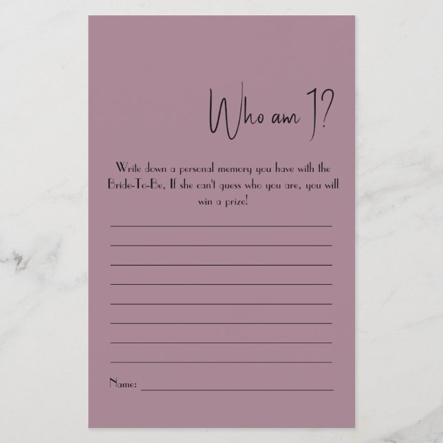 Who Am I? Shower Game Flyer (Front)