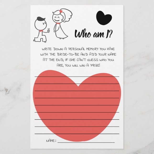 Who am I? wedding couple Bridal Shower Game Card (Front)