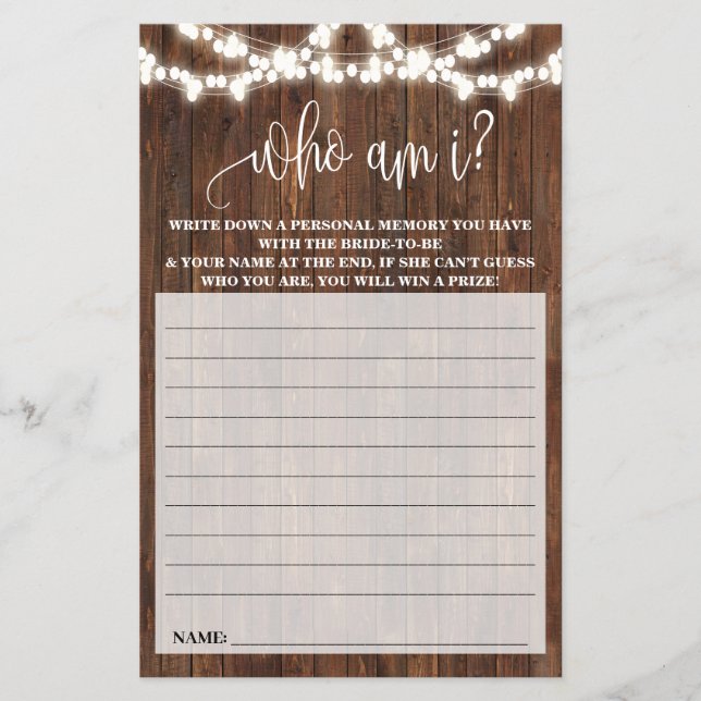 Who am I? Western Country Bridal Shower Game Card (Front)