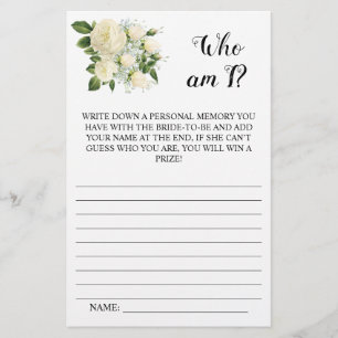 Who am I?  White floral Bridal Shower Game Card