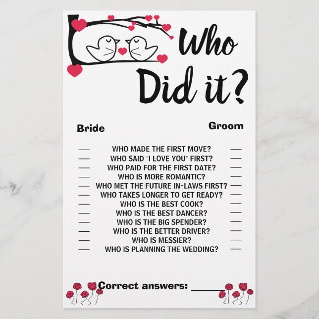 Who did it Shower Game Card Love Bird (Front)