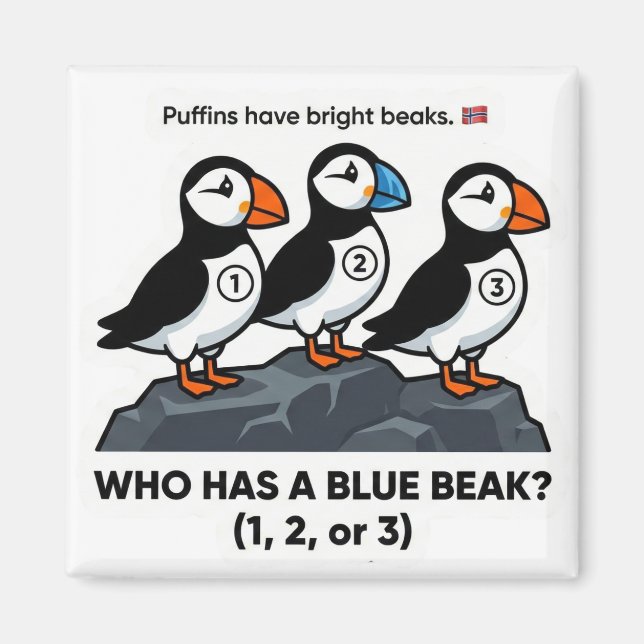Who Has a Blue Beak? – Puffin Learning Magnet (Front)