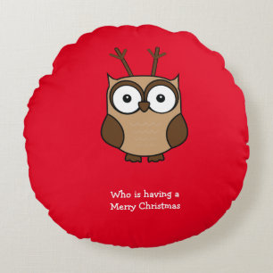 Who is having a Merry Christmas Reindeer Owl Red Round Pillow