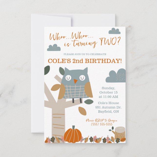 Who is turning TWO Fall Owl, Autumn Birthday Party Invitation (Front)