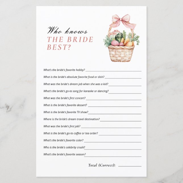 Who Knows Bride Best Fresh Off Market Bridal Game (Front)