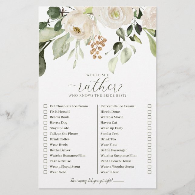 Who Knows Bride Best Would She Rather Shower Game (Front)