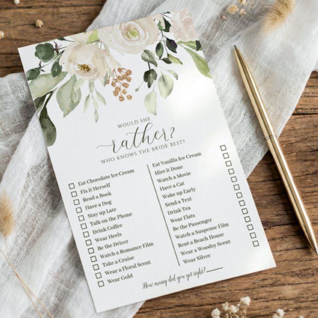 Who Knows Bride Best Would She Rather Shower Game (Bridal shower game - Would she rather - White watercolor floral sage greenery)