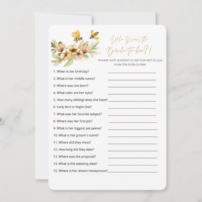 Who Knows Bride to Bee Best Game Card (Front)
