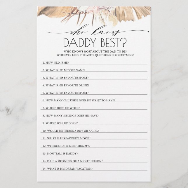 Who Knows Daddy Best Baby Shower Game (Front)