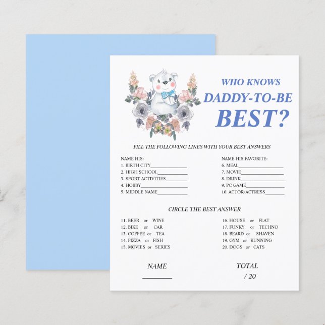 Who knows Daddy best Blue Baby Shower Game (Front/Back)