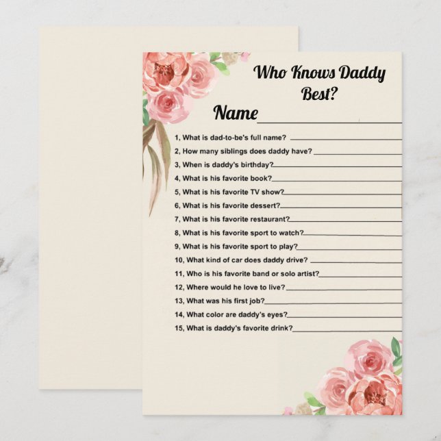 Who Knows Daddy Best Floral Baby Shower Game Card (Front/Back)
