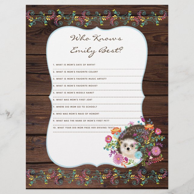 Who Knows Mom Best Baby Shower Game - Hedgehog (Front)