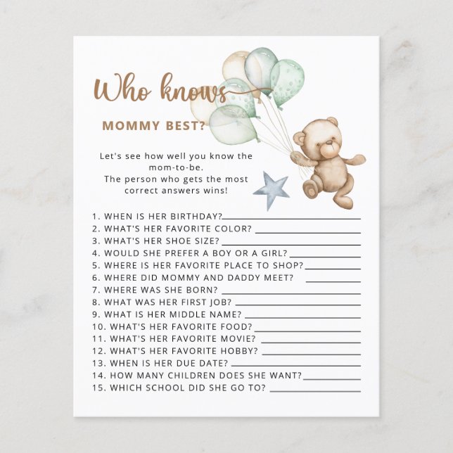 Who knows mommy best baby shower game. (Front)