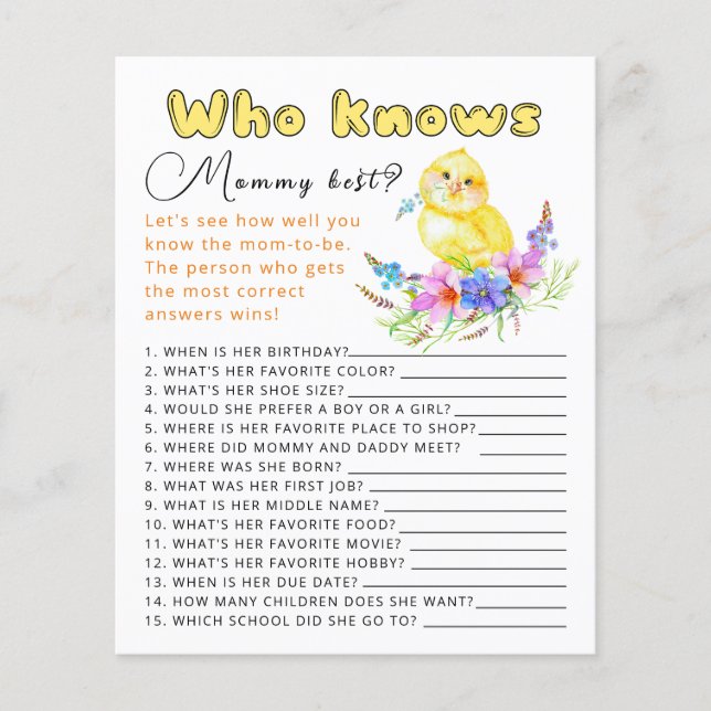 Who knows mommy best baby shower game. (Front)