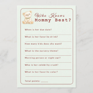 Who Knows Mommy Best Baby Shower Game Card