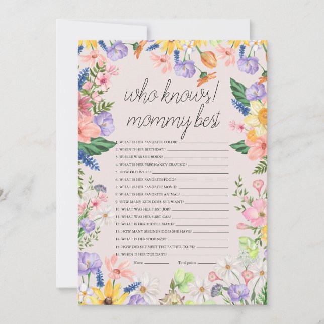 Who Knows Mommy Best Baby Shower Game Card (Front)