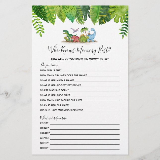 Who Knows Mommy Best Dinosaur Baby Shower Game (Front)