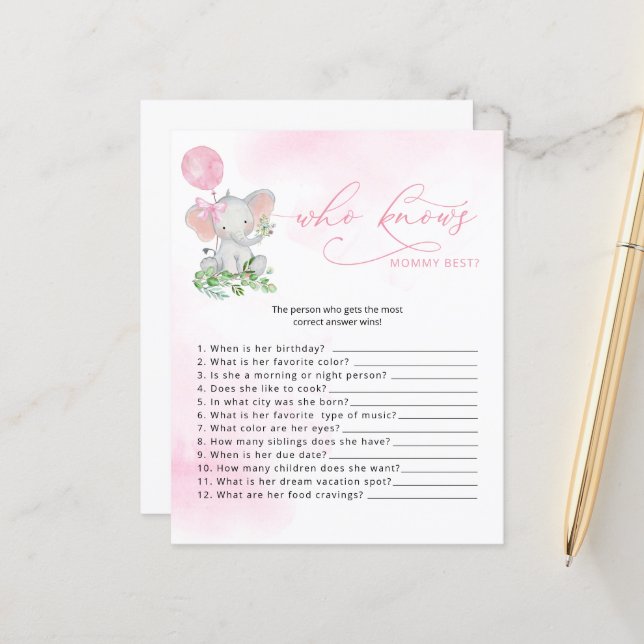 Who Knows Mommy Best Elephant Baby Shower Game (Front/Back In Situ)