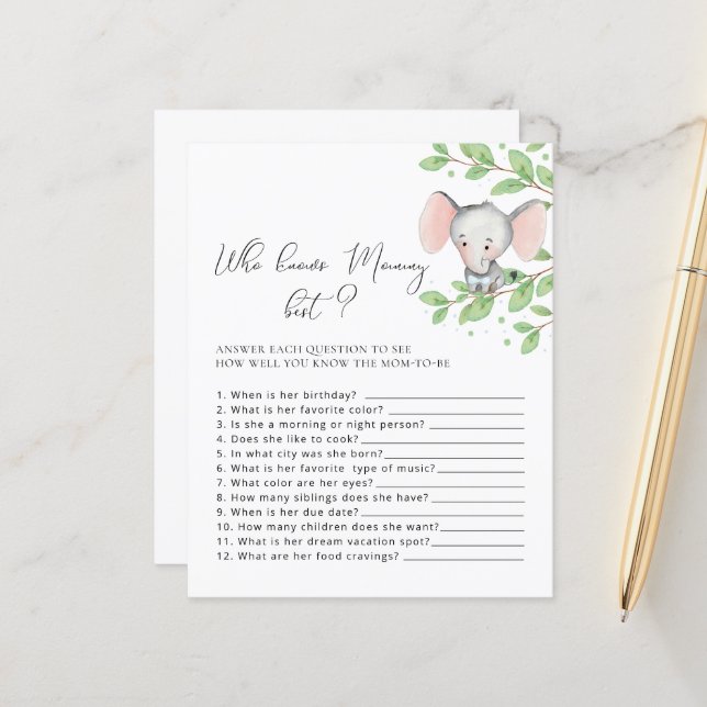 Who Knows Mommy Best Elephant Baby Shower Game (Front/Back In Situ)