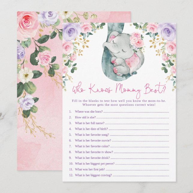 Who Knows Mommy Best Elephant Baby Shower Game Invitation (Front/Back)