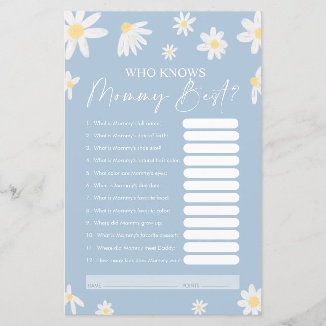  Who Knows Mommy Best Game, Baby Shower Card (Front)