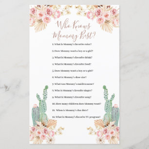 Who Knows Mommy Best Game Boho Cactus Paper Sheet