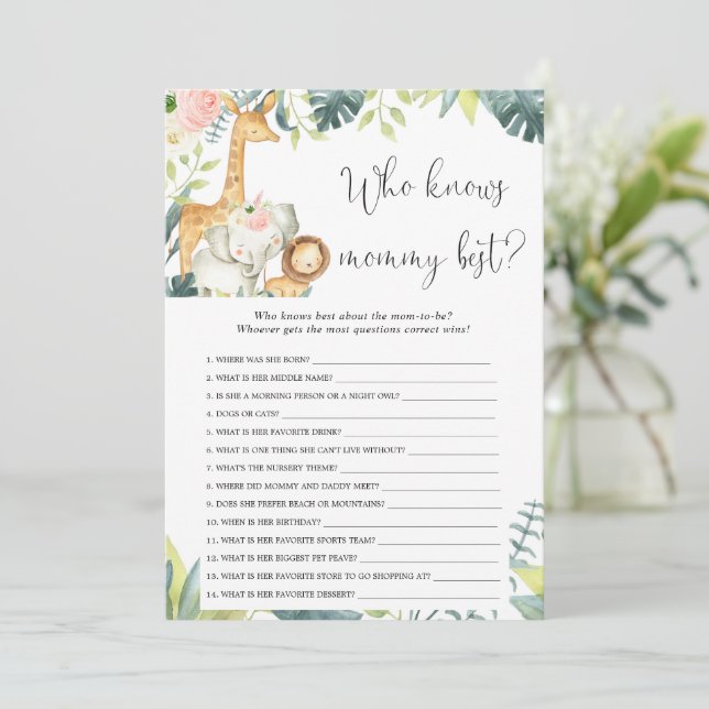 Who knows mommy best safari baby shower game invitation (Standing Front)