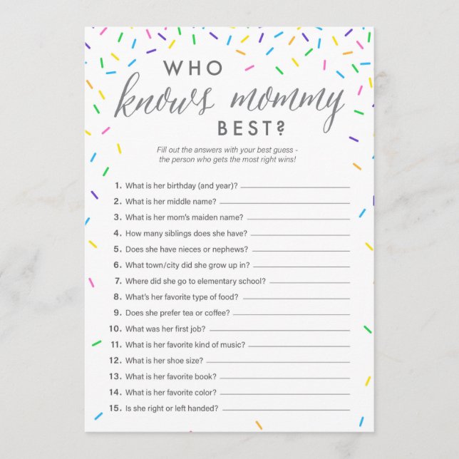 Who Knows Mommy Best Shower Game Card - Sprinkles (Front)