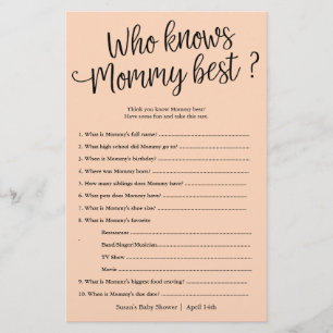 Who Knows  Mommy Best Shower Peach Paper Game Card