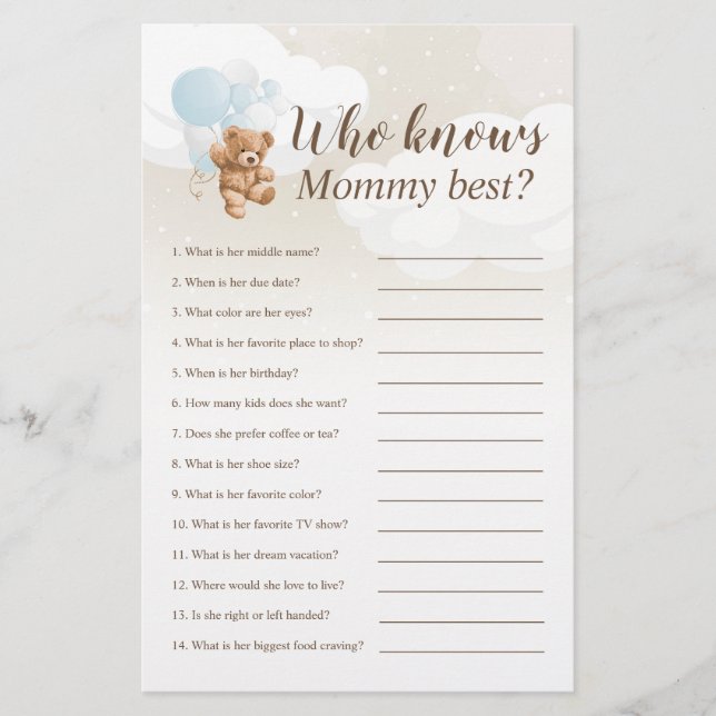  Who Knows Mommy Best Teddy Bear Baby Shower Game Flyer (Front)