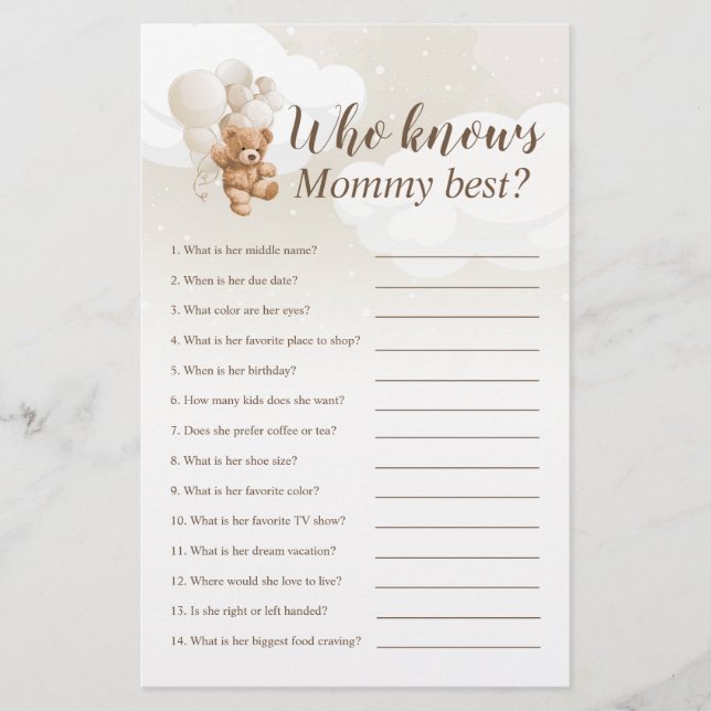  Who Knows Mommy Best Teddy Bear Baby Shower Game Flyer (Front)