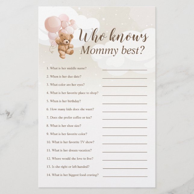 Who Knows Mommy Best Teddy Bear Baby Shower Game Flyer (Front)