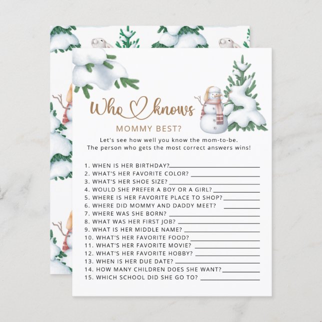 Who knows mommy best winter baby shower game (Front/Back)