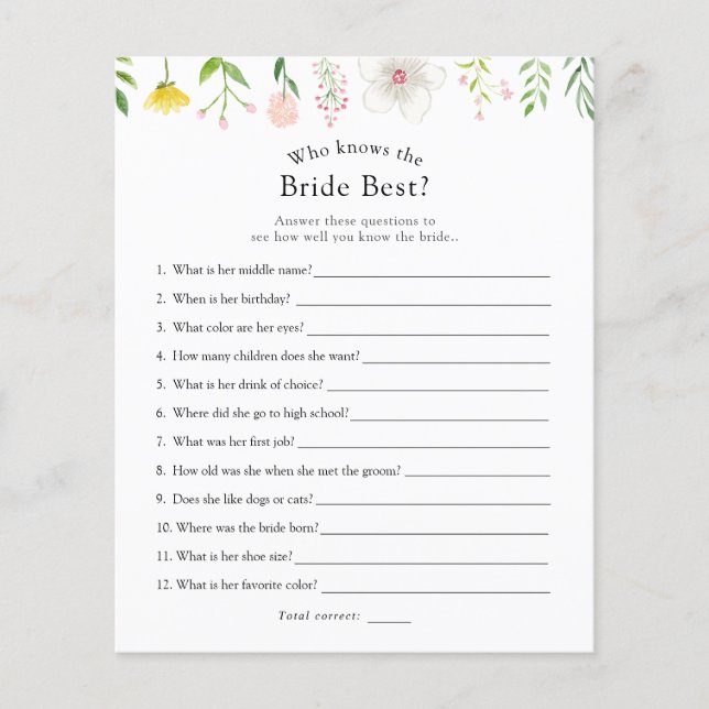 Who Knows the Bride Best Bridal Game (Front)