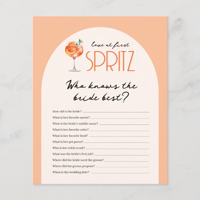 Who knows the Bride Best Bridal Shower Game (Front)