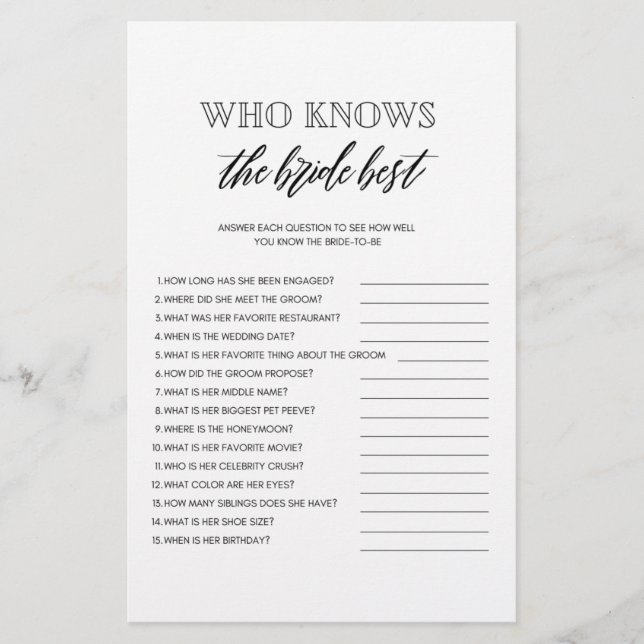 Who knows the bride best bridal shower game flyer (Front)