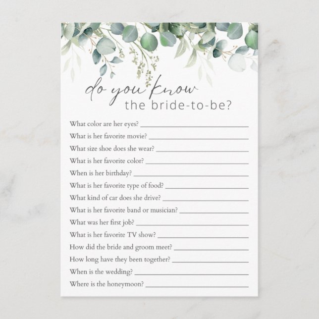 Who Knows The Bride Eucalyptus Bridal Shower Game Enclosure Card (Front)