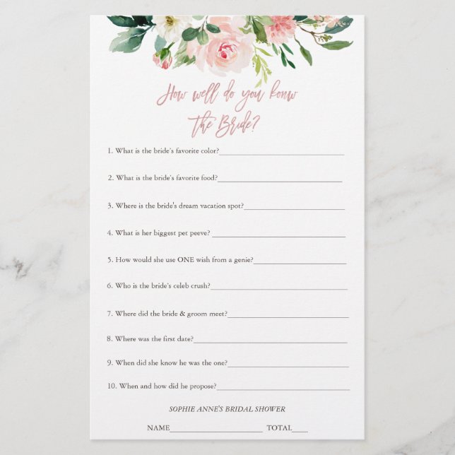 Who Knows The Bride The Best Bridal Shower Game (Front)