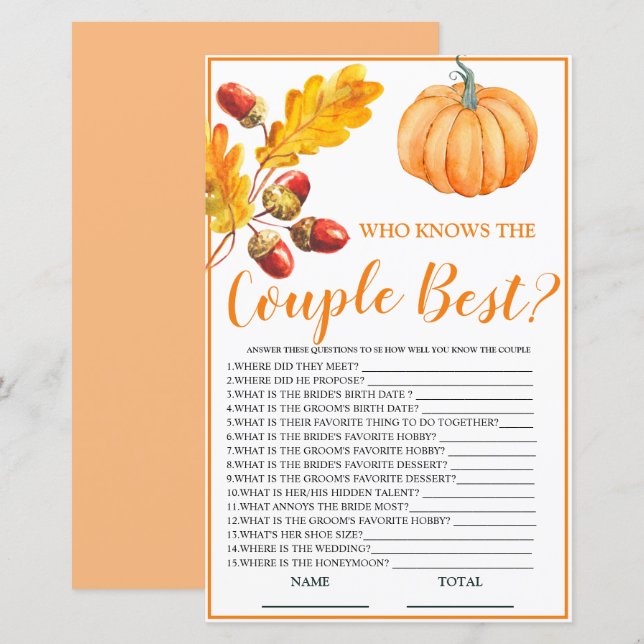 Who knows the Couple Best Fall Pumpkin Bridal Game (Front/Back)