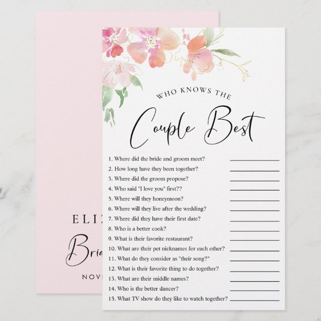 Who Knows the Couple Best Floral Shower Game (Front/Back)