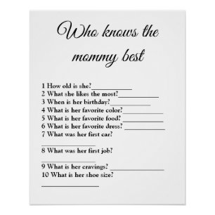 who knows the mommy best baby shower game poster