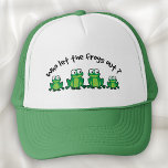 Who Let The Frogs Out? Trucker Hat<br><div class="desc">For frog lovers everywhere. 'Who Let The Frogs Out' is a fun parody of a well known song. Featuring a cute cartoon family of four frogs - mom, dad, and of course the kids. Available on a wide range of products and styles. Add your own text to customize the design....</div>
