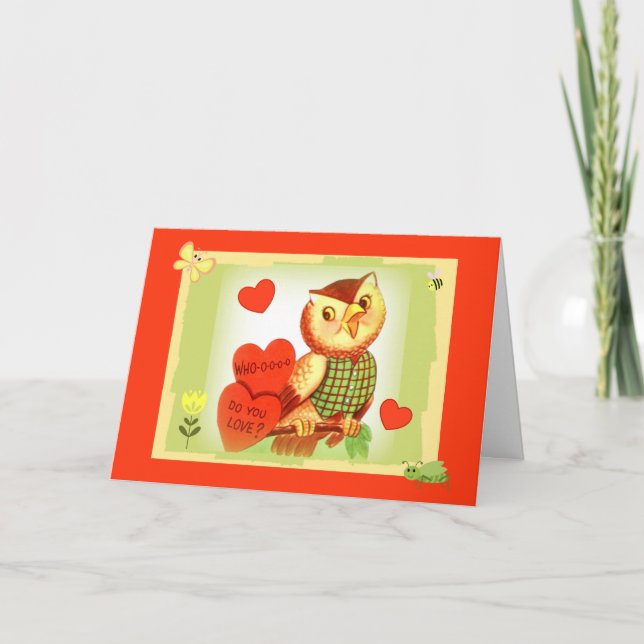 "Who-o-o Do You Love" Retro Valentine Owl Holiday Card (Front)