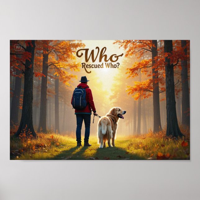 Who Rescued Who - Man golden retriever hike Poster (Front)
