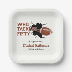 Who Tackles Fifty Funny Football 50th Birthday Paper Plate