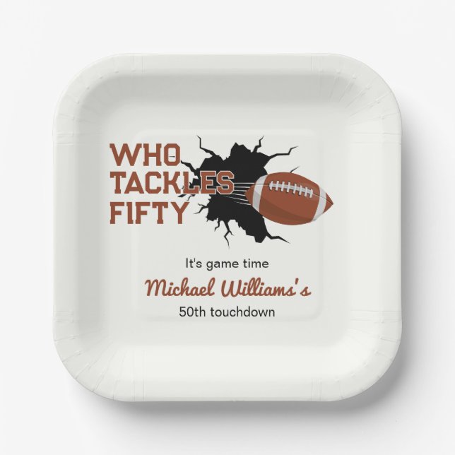 Who Tackles Fifty Funny Football 50th Birthday Paper Plate (Front)
